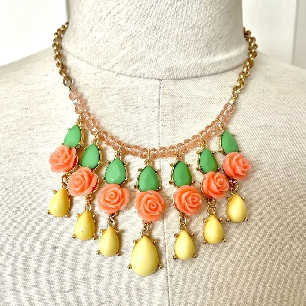 NY collection gold tone 3 tier floral enamel statement necklace